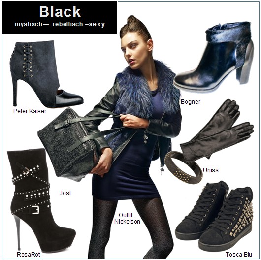 Die Farbe Schwarz ist das dominierende Modethema für coole Schuhe, Stiefel  und Accessoires. Ob Boots, Sneaker  oder High Heels. Schwarz ist die Trendfarbe der Saison Matt-/Glanz-Effekte und jede Nieten Menge Gitzer sorgen in der düsteren Stimmung für Glanzpunkte.